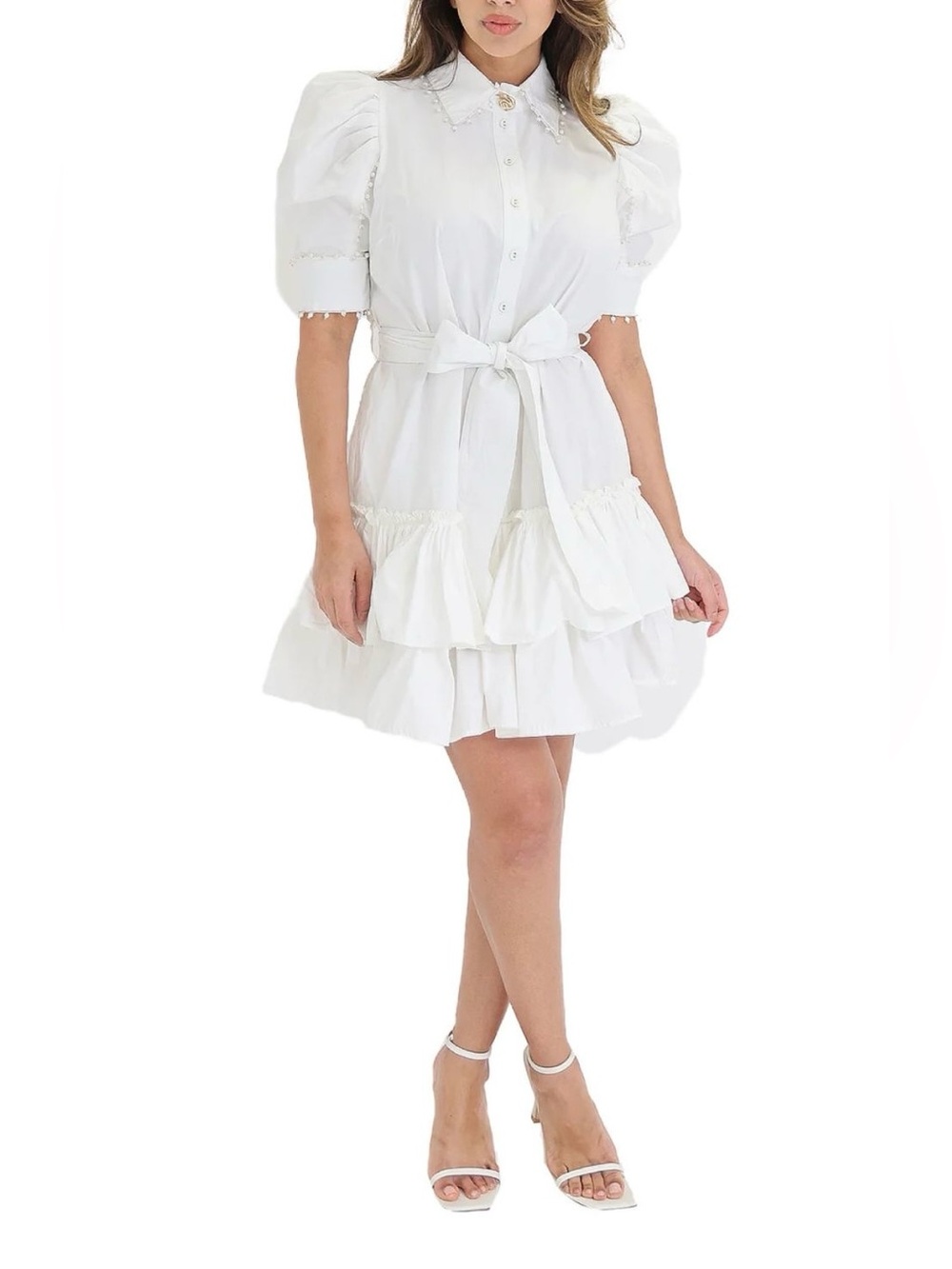 CQ by CQ White Ruffled Short Sleeve w/pearls Dress with Tie Waist